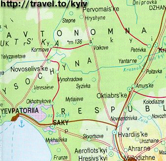 Map of Crimea. Yevpatoriia, Saky